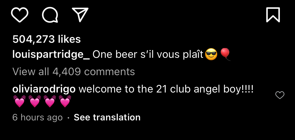 Olivia Rodrigo‘s comment on Louis Partridge’s birthday Instagram olivia rodrigo's comment on louis partridge's birthday instagram