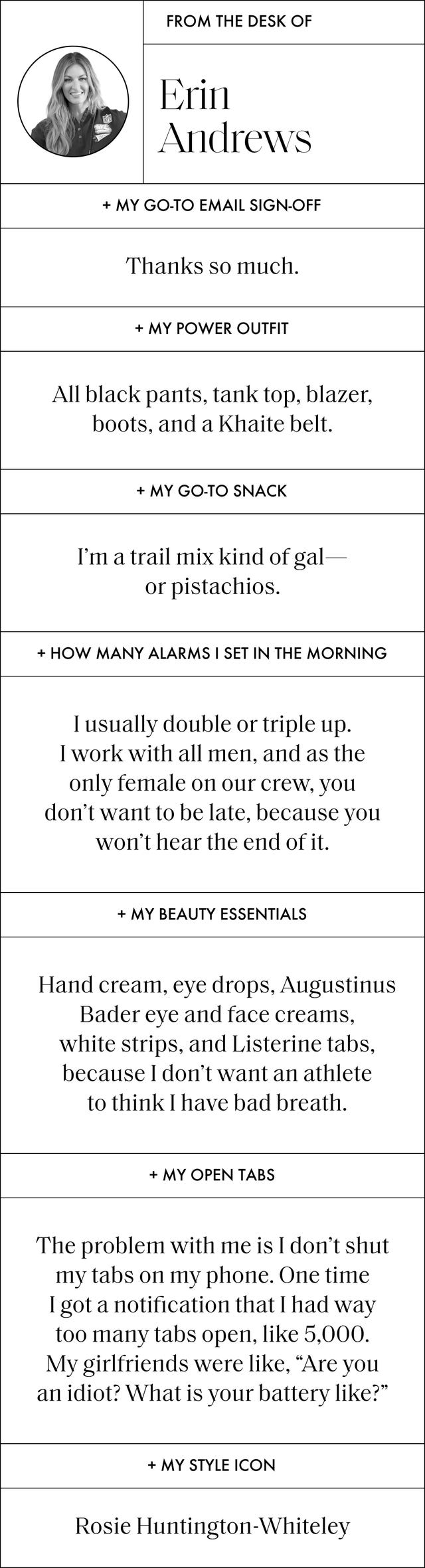 a personal note from erin andrews sharing her preferences and routines