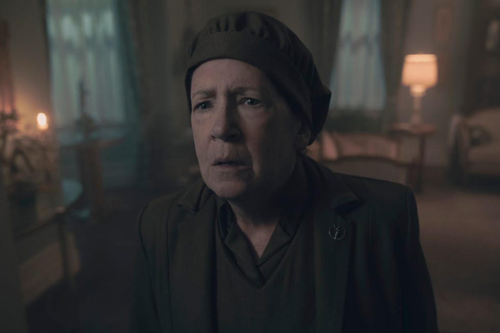 the handmaid's tale june struggles to save her loved ones. commander lawrence welcomes diplomats to new bethlehem. aunt lydia searches for janine. (disney/steve wilkie)ann dowd